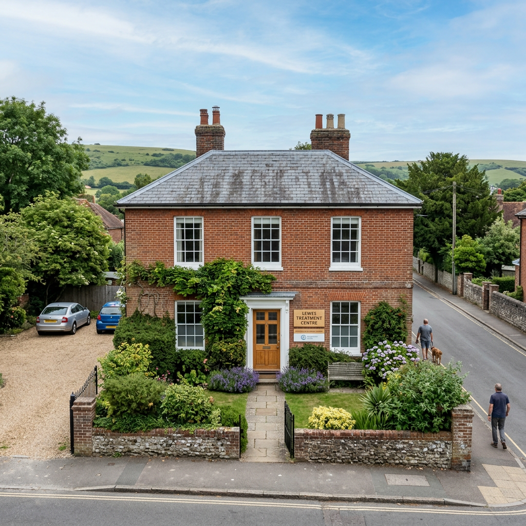Two-story red brick building with Lewes Treatment Centre sign and garden. Tramadol addiction treatment.
