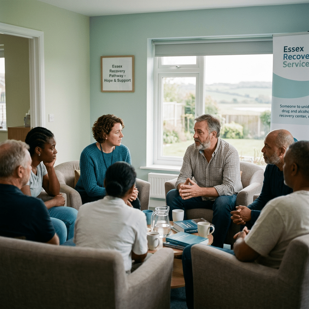 Six adults participating in a recovery support group discussion. Treatment for porn addiction . How much does rehab cost in the UK?
