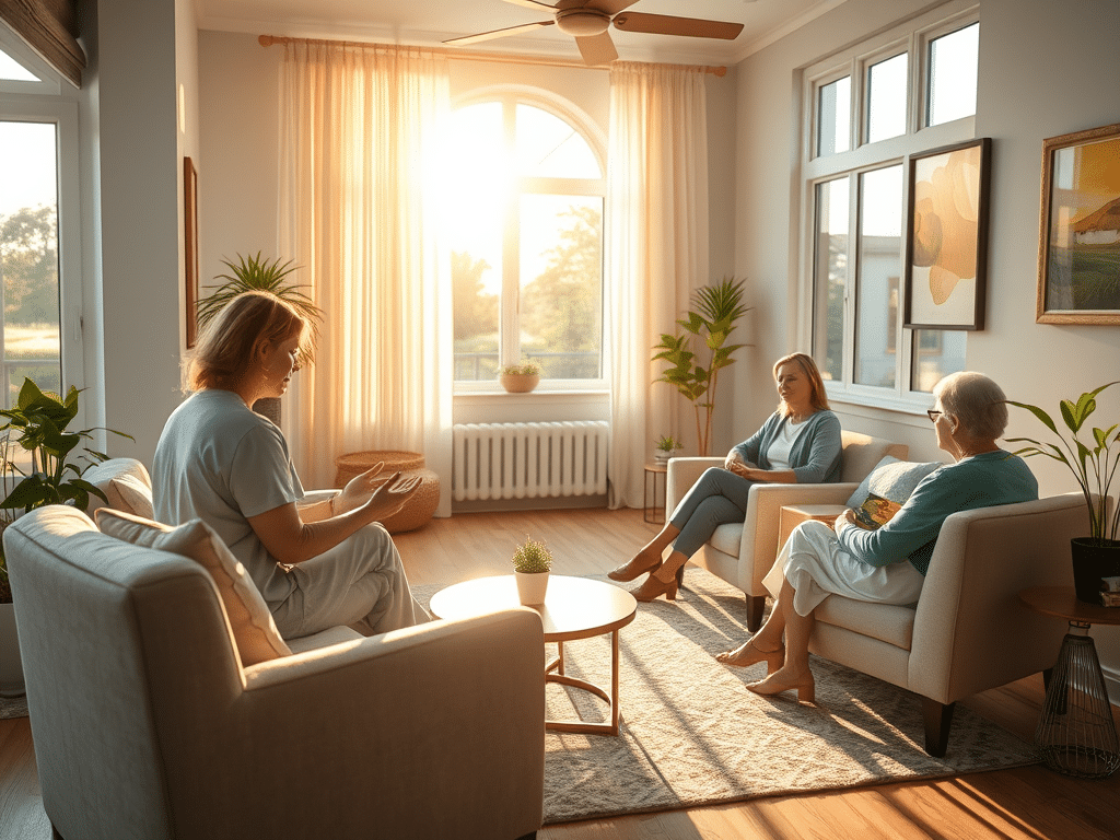 Three young white women sat on easy chairs in a therapy session