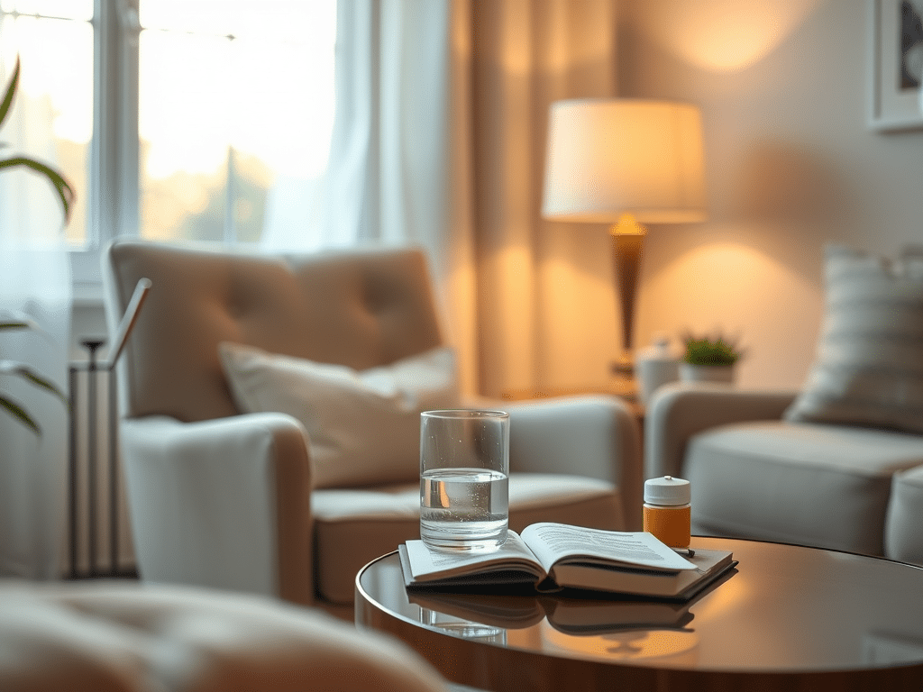 Quiet living room with sofas and chair and a standing light.