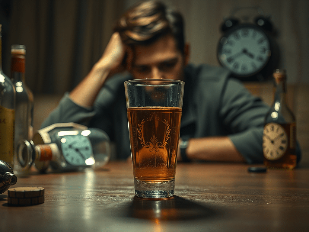 Recognising signs of alcohol abuse. White man sat at table, one hand on his head, the other resting on the table. Glass of beer on the table.