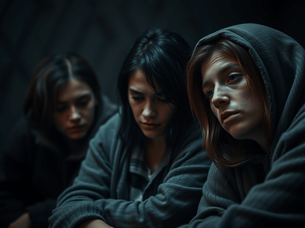 Three white opioid addicted  women sat on the floor
